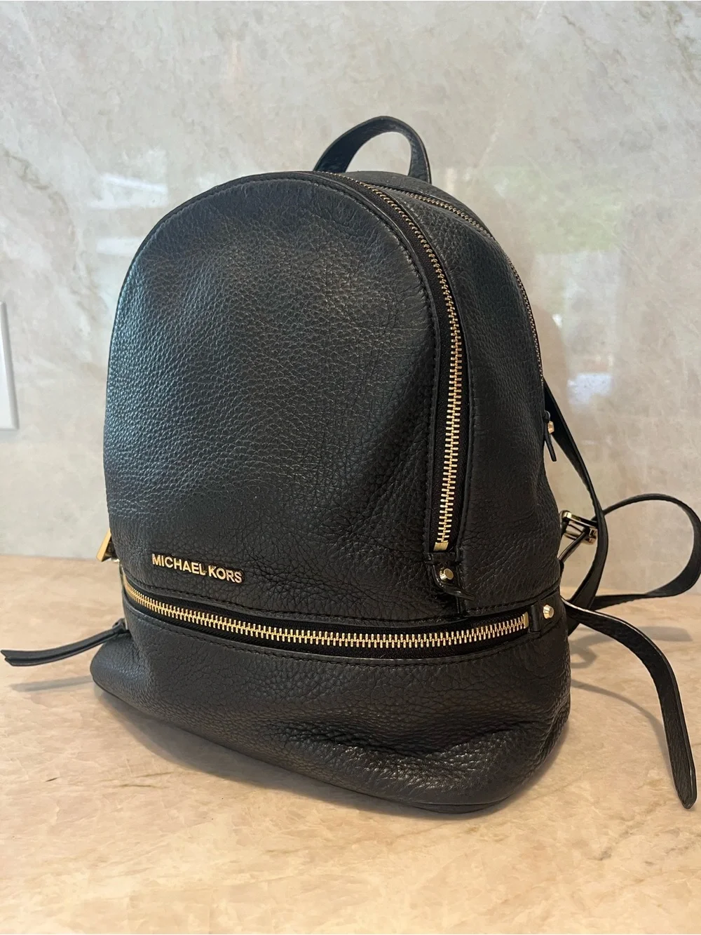 Michael Kors Black Pebbled Leather Backpack with Gold Hardware